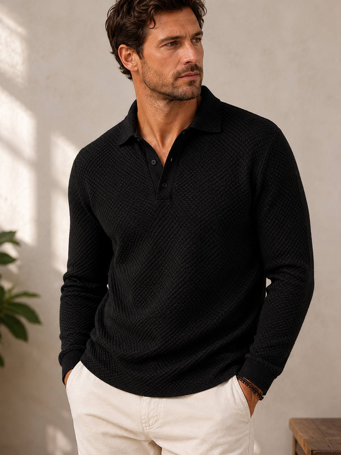 Men's regular fit long-sleeved polo shirt in textured cotton-blend material