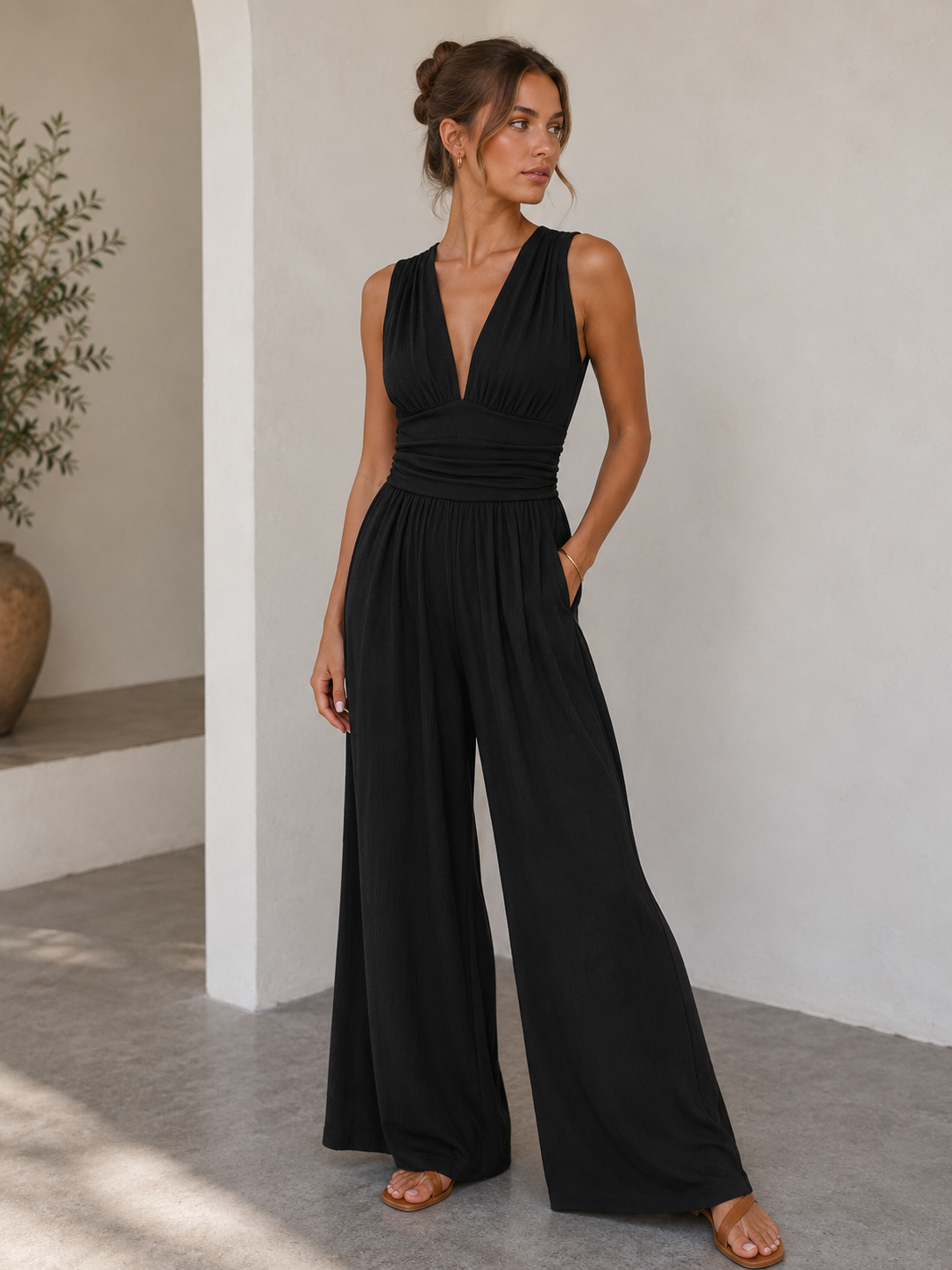 Women's Wide-Leg Jumpsuit with Deep V-Neckline and Defined Waist for Everyday Elegance