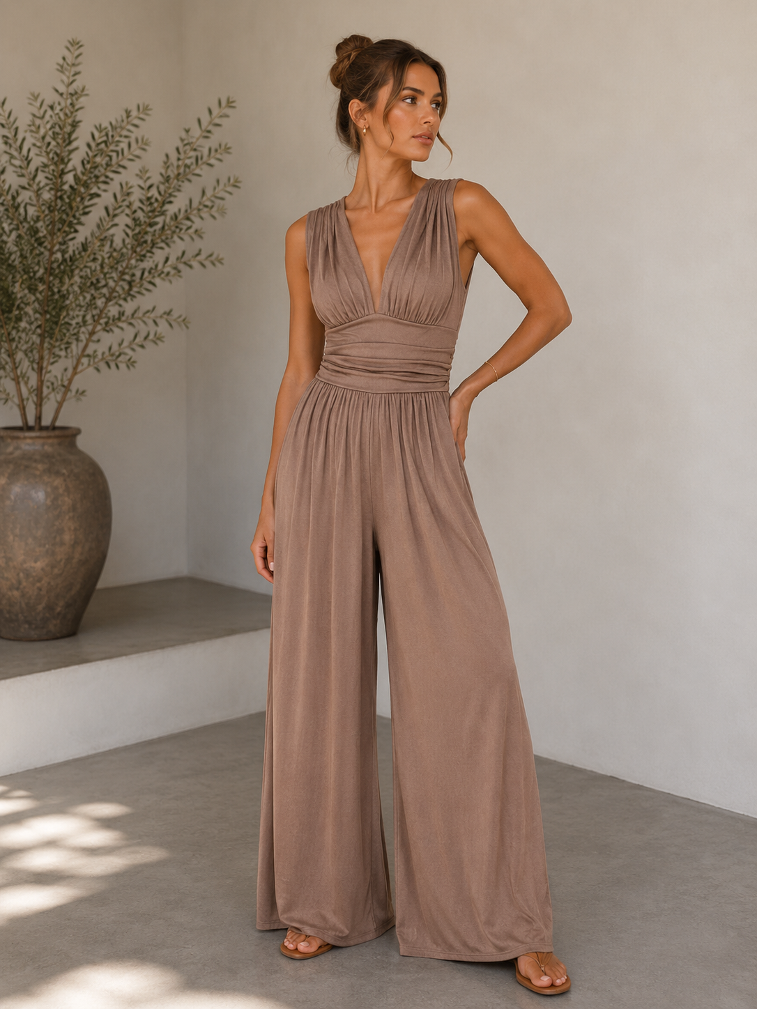 V-Neck Jumpsuit Wide Leg Women