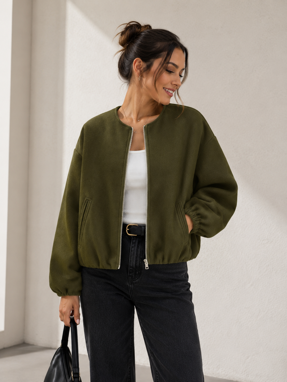 Women's relaxed-fit bomber jacket with dropped shoulders and front zipper