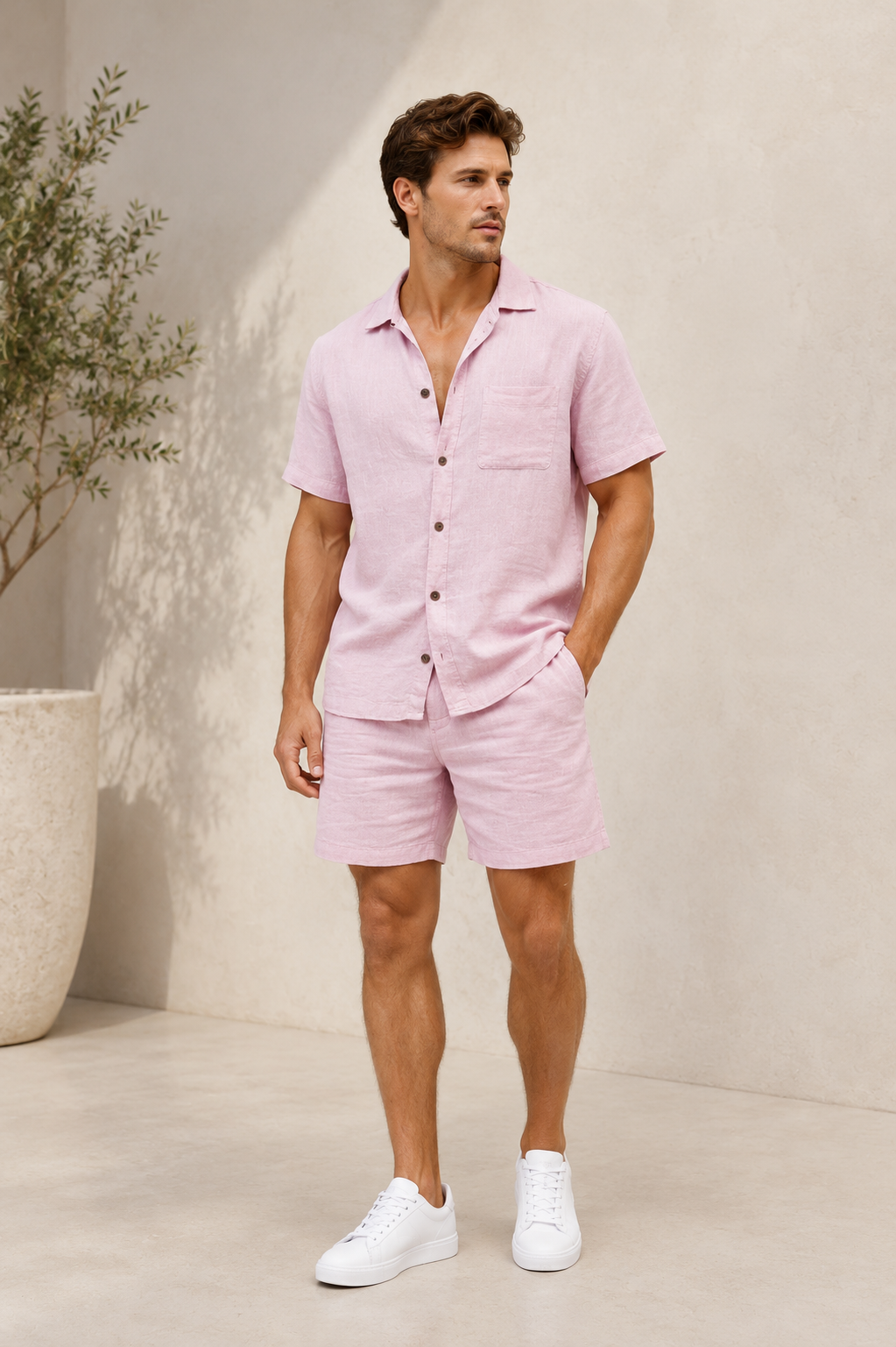 Men's casual linen outfit set with short-sleeved collared shirt and matching elastic waist shorts for spring and summer