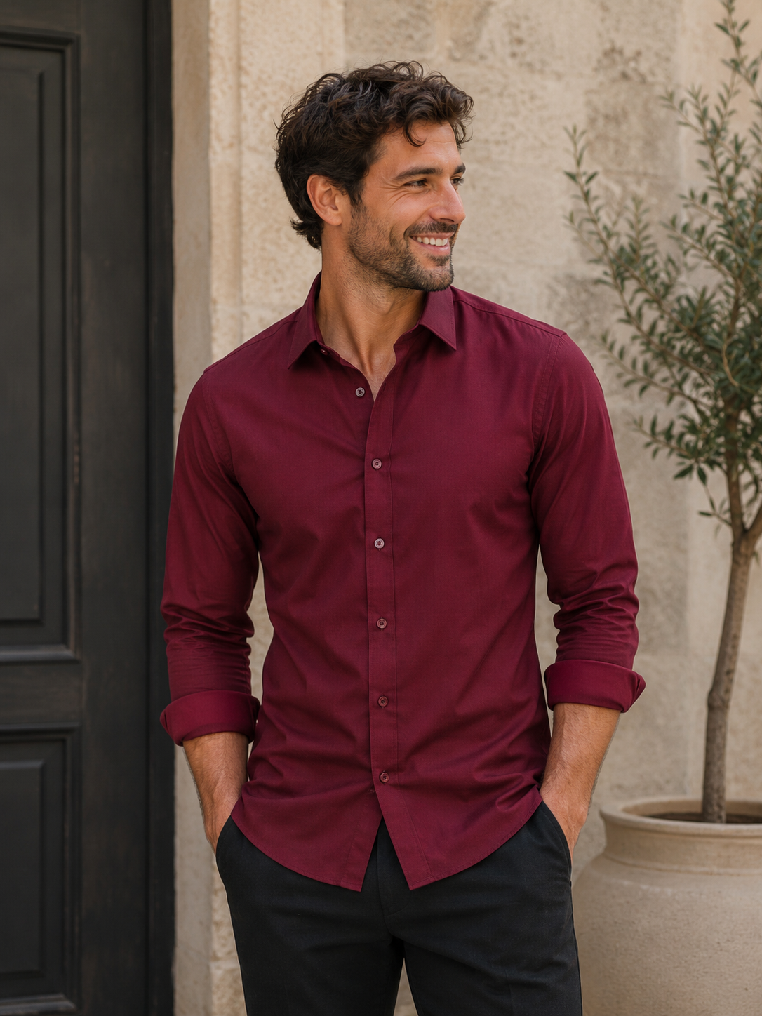 Men's slim fit woven shirt with long sleeves, pointed collar, and button cuffs