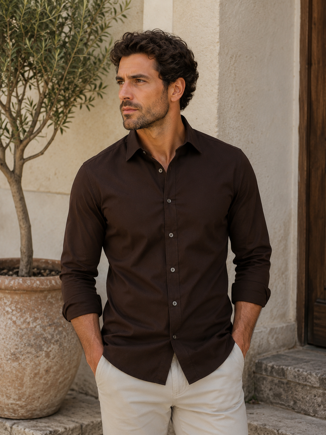 Slim fit men's long sleeve button-up shirt with tailored silhouette and rounded hem