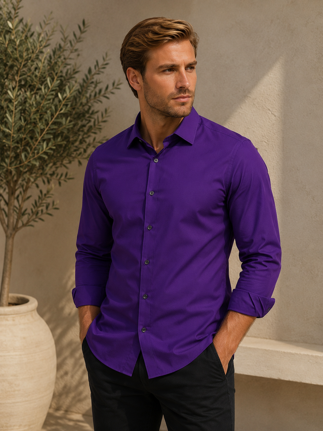 Men's tailored slim fit shirt with front button closure, long sleeves, and smooth woven fabric