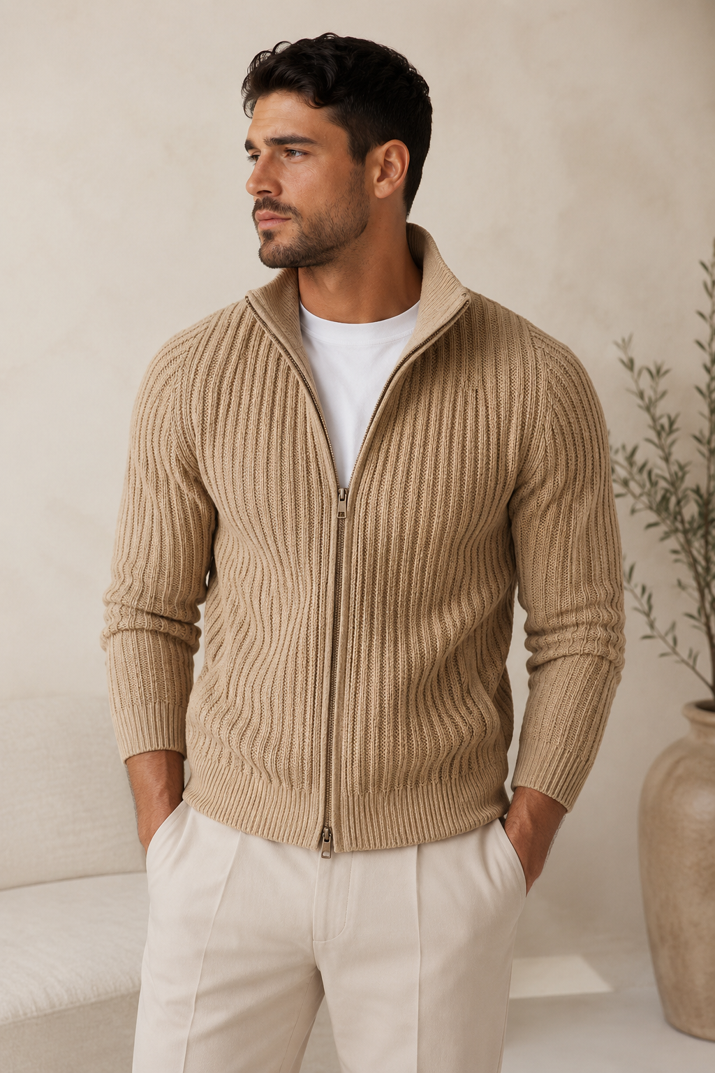 Men's full-zip ribbed jacket with high collar, front view
