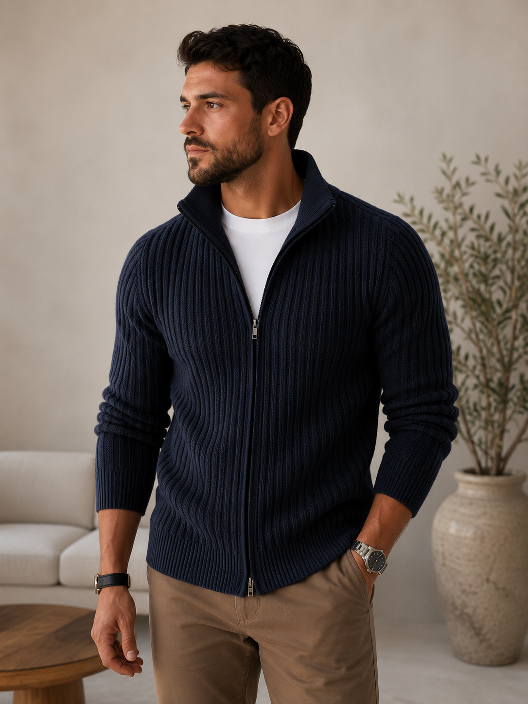 Men's ribbed knit jacket with full-length zipper and high collar, side view