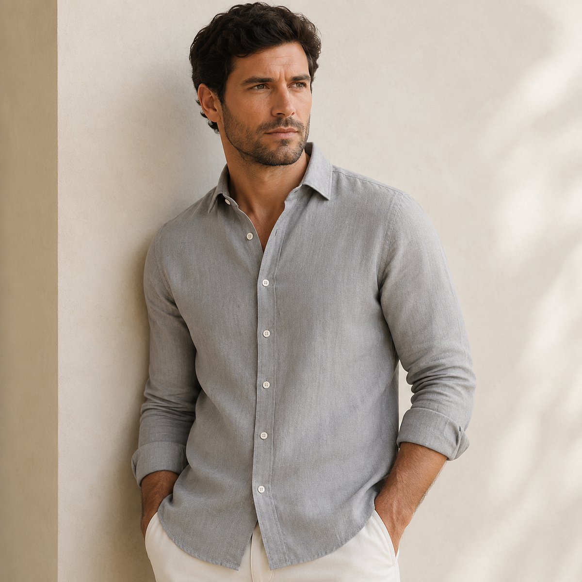 Men's slim fit button-front shirt with classic collar, front view