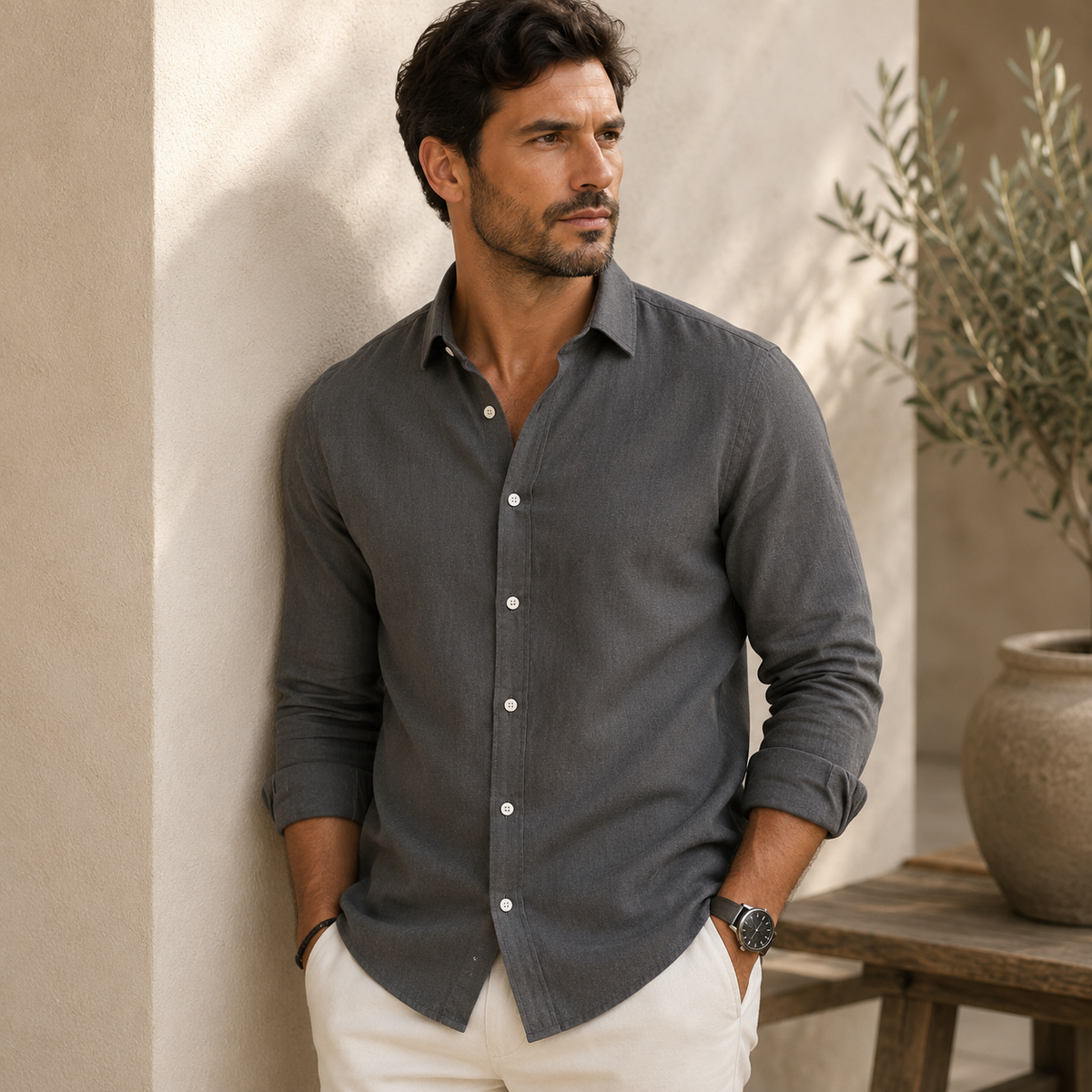 Men's slim fit shirt, three-quarter view showing button placket and collar