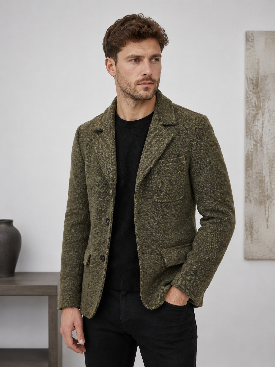Men's wool blend peacoat with wide lapel collar and front button closure