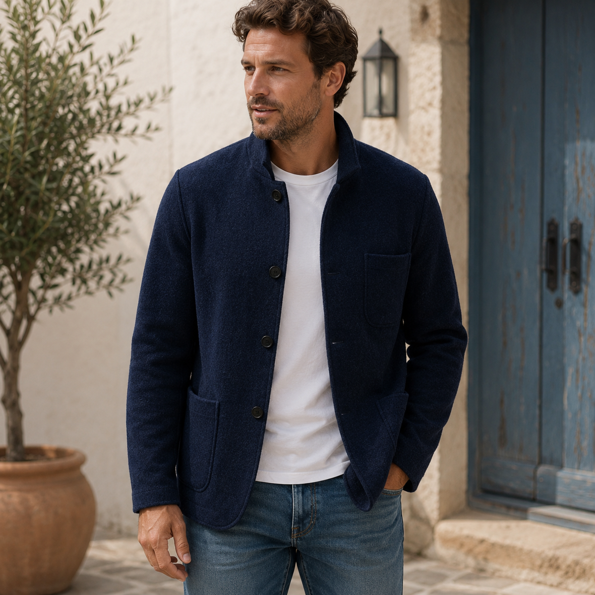 Men's relaxed-fit knitted jacket layered for autumn everyday wear