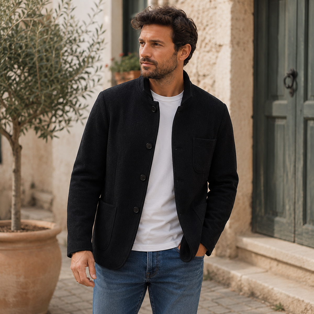 Men's knitted polyester blend jacket with front pockets, full-length view