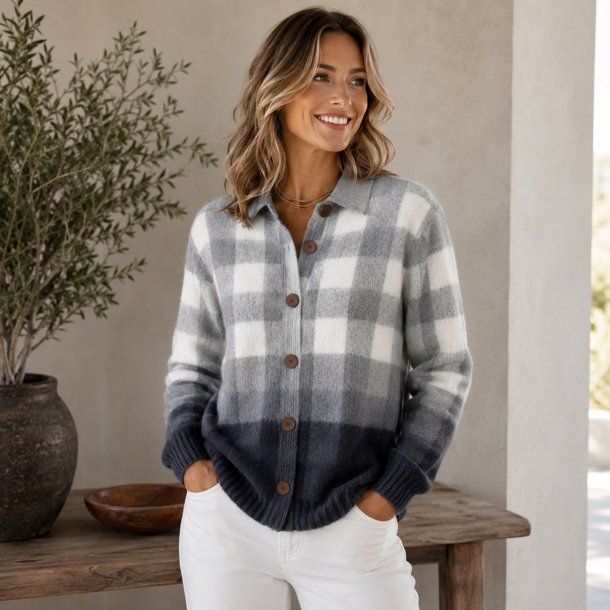 Wool-blend plaid knitted cardigan with button closure for women