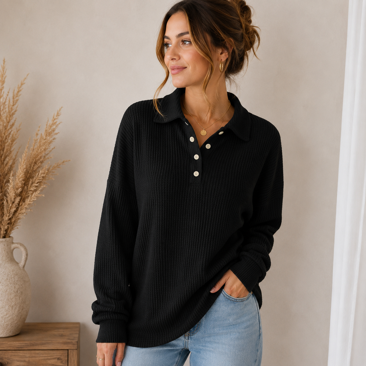 Women's textured waffle-knit sweater with button-closure collar