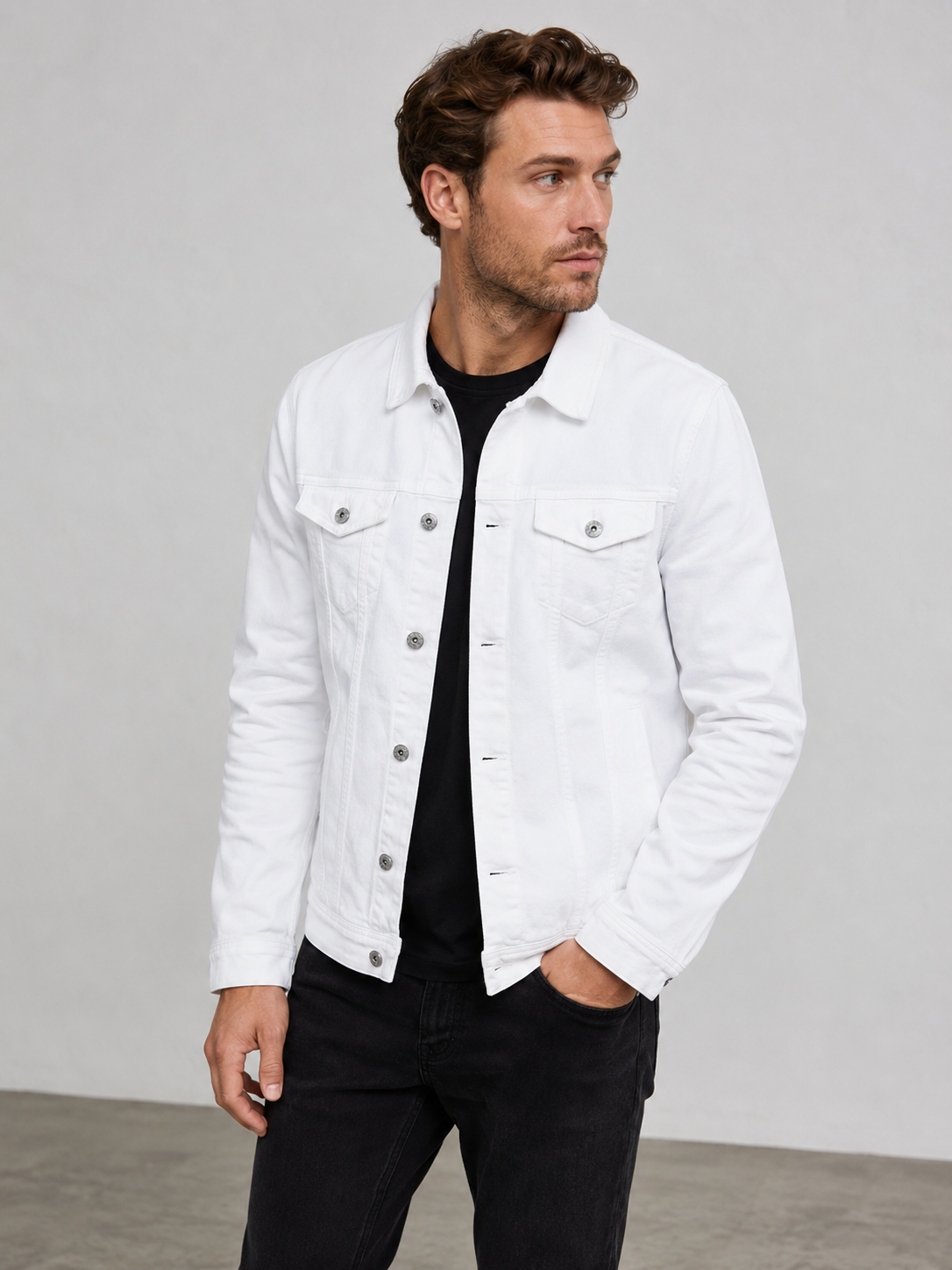 Men's denim jacket with button closure and classic collar