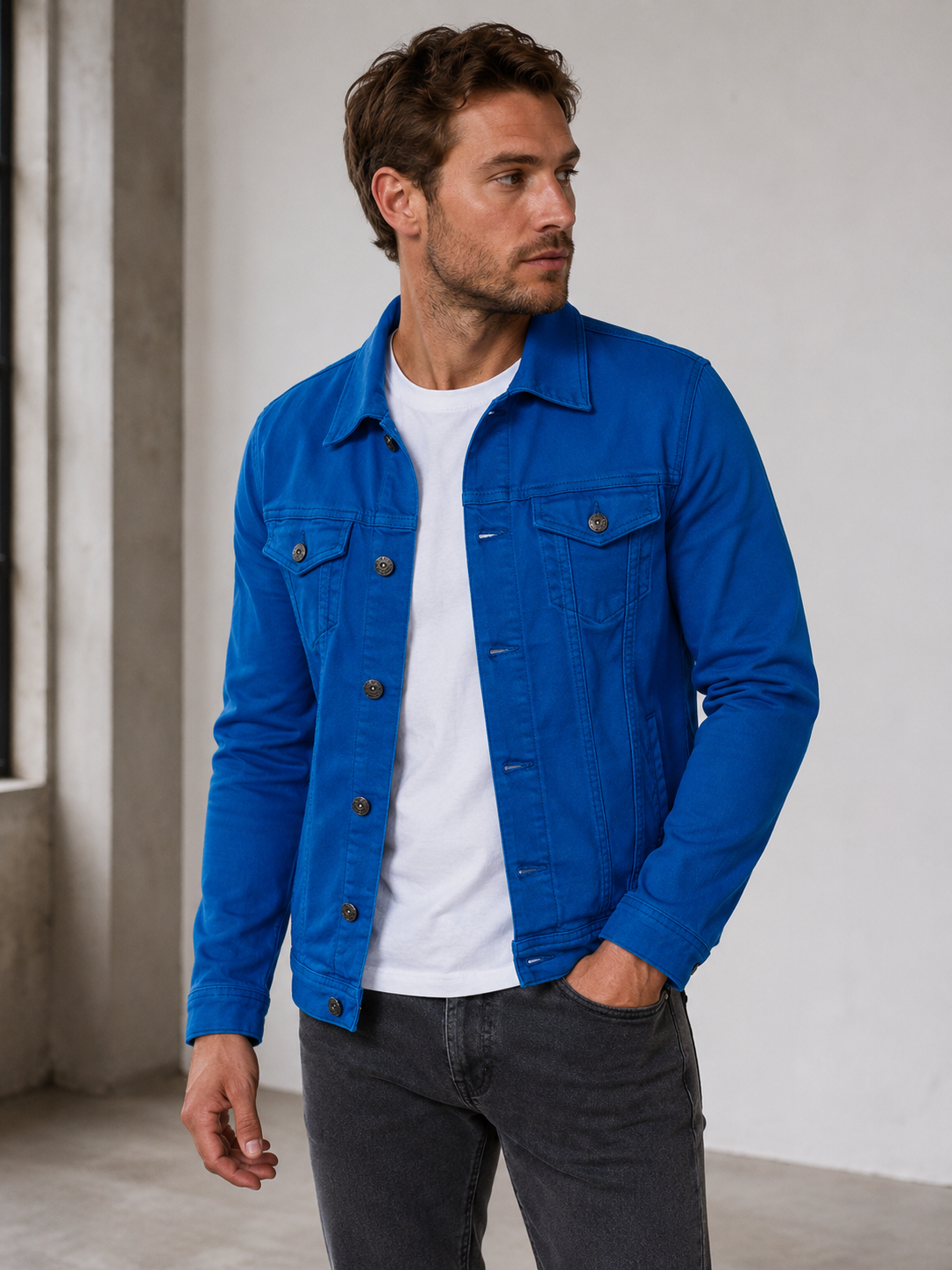 Men's hip-length denim jacket with chest pockets and flaps