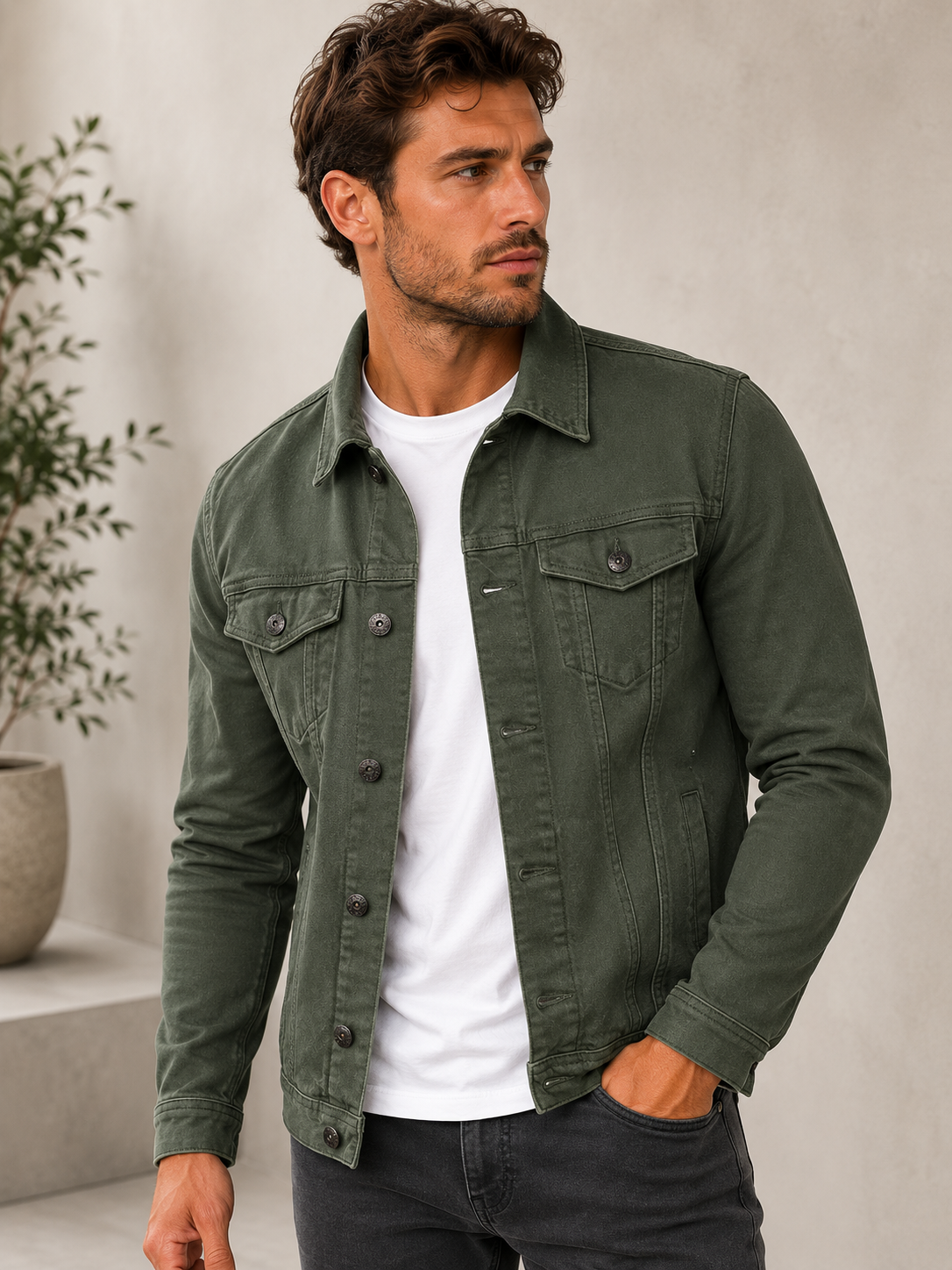 Men's denim jacket with visible seams and straight hem