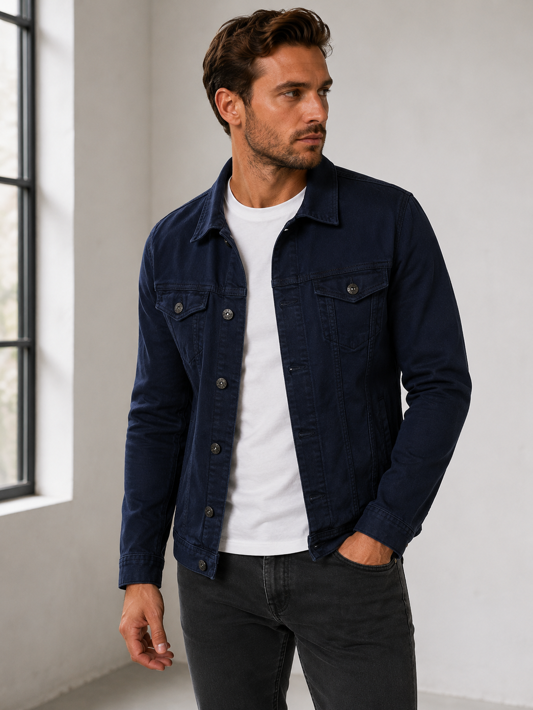 Men's denim jacket with front button closure and chest flap pockets