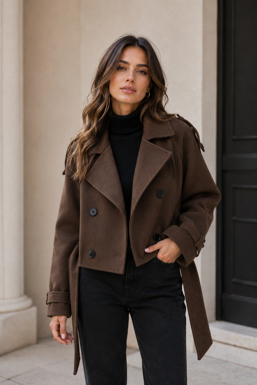 Short structured women's coat with double-breasted front and long sleeves