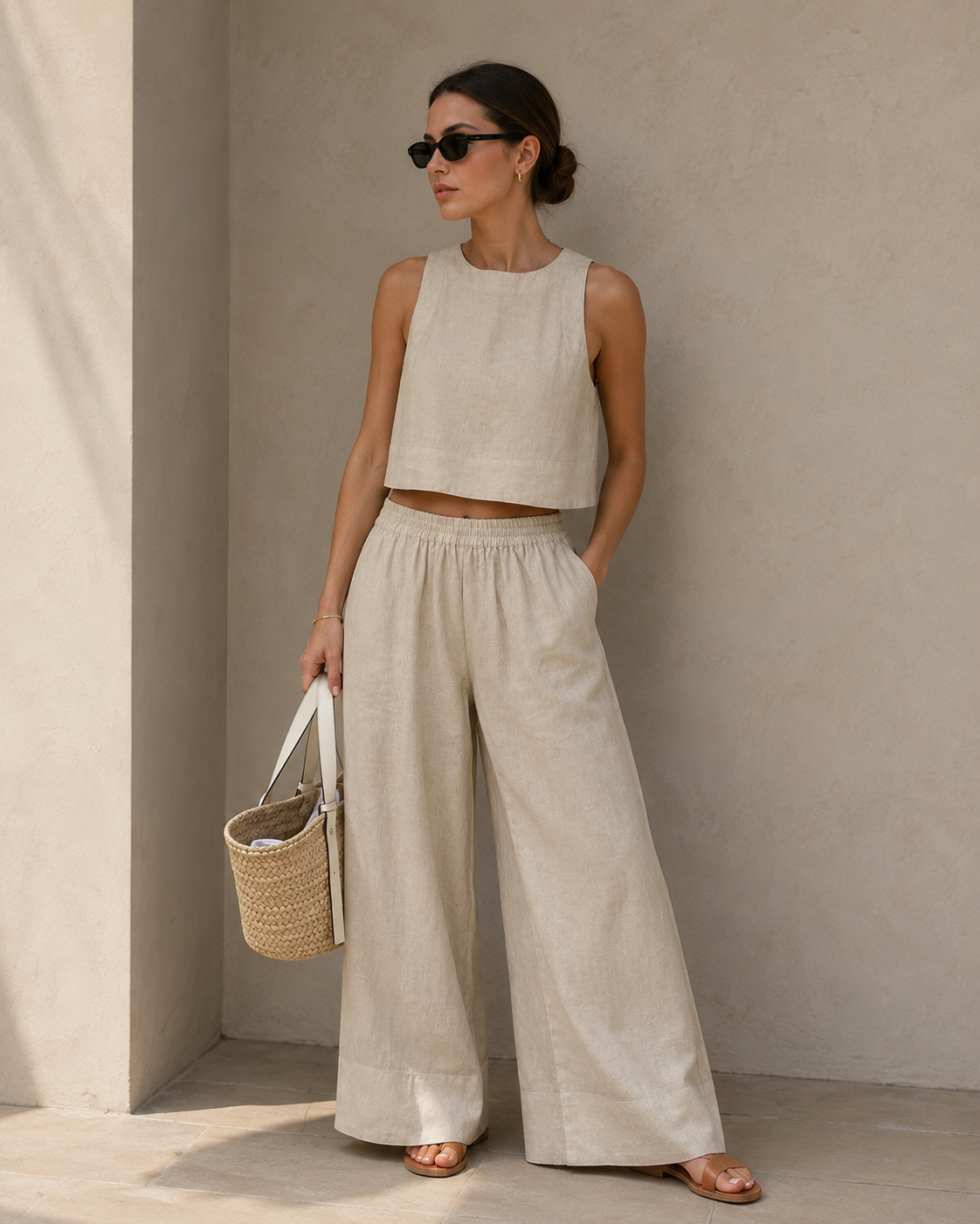 Women's sleeveless linen-blend two-piece set with cropped top and wide-leg high-waist trousers