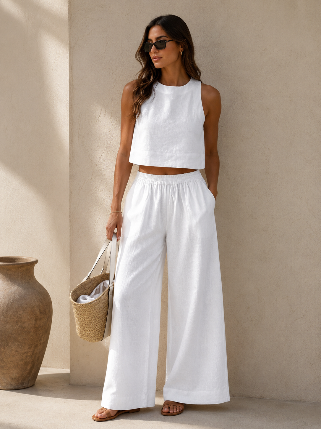 Women's linen-blend crop top and wide-leg trousers two-piece set with elastic waistband
