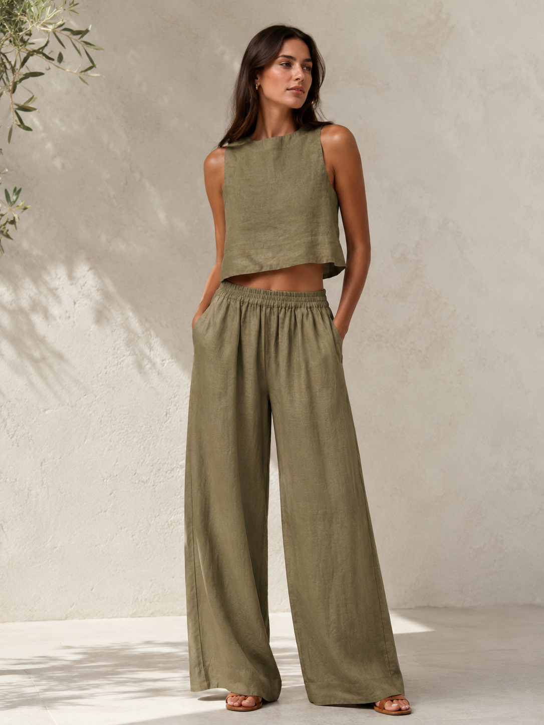 Women's minimalist two-piece set with sleeveless linen-blend top and wide-leg trousers