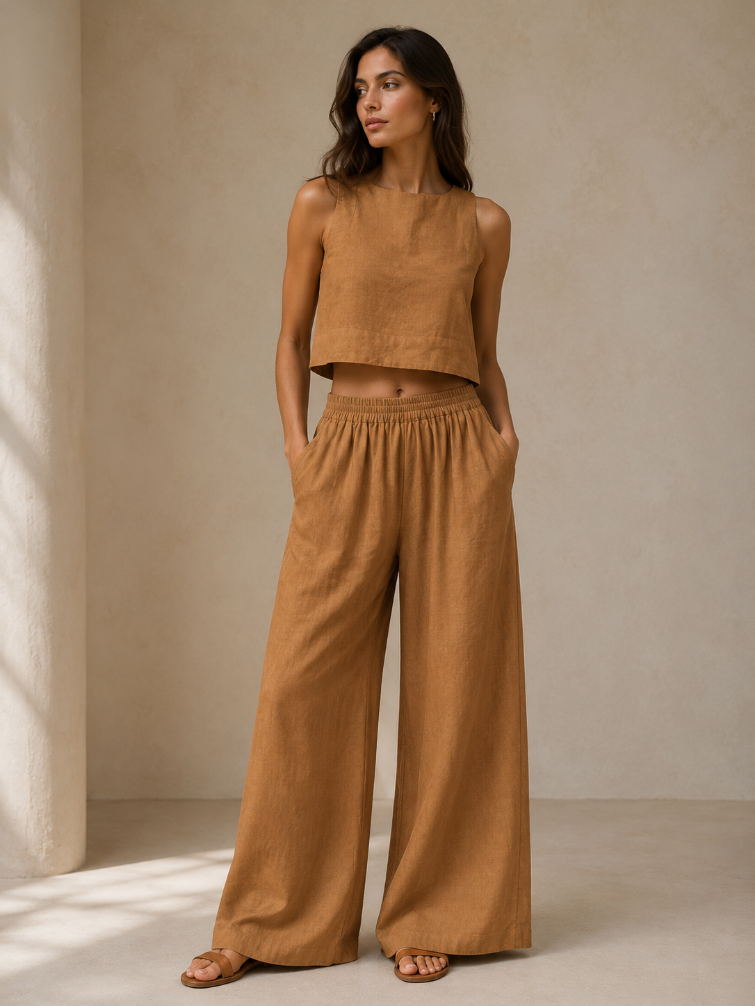 Women's wide-leg trousers and sleeveless crop top linen-blend two-piece set