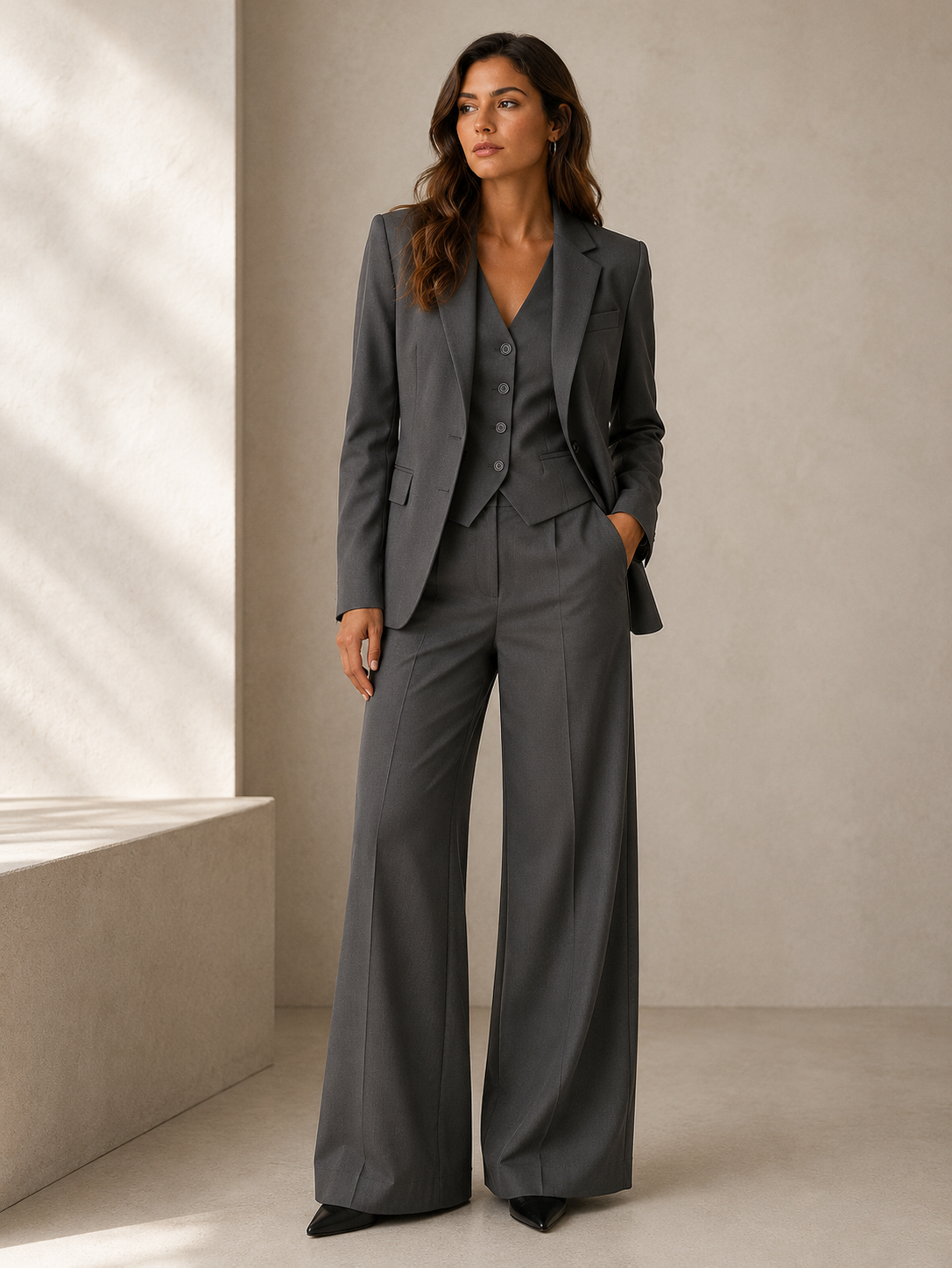 Women's fitted three-piece blazer and trouser set with clean seams and a structured tailored silhouette