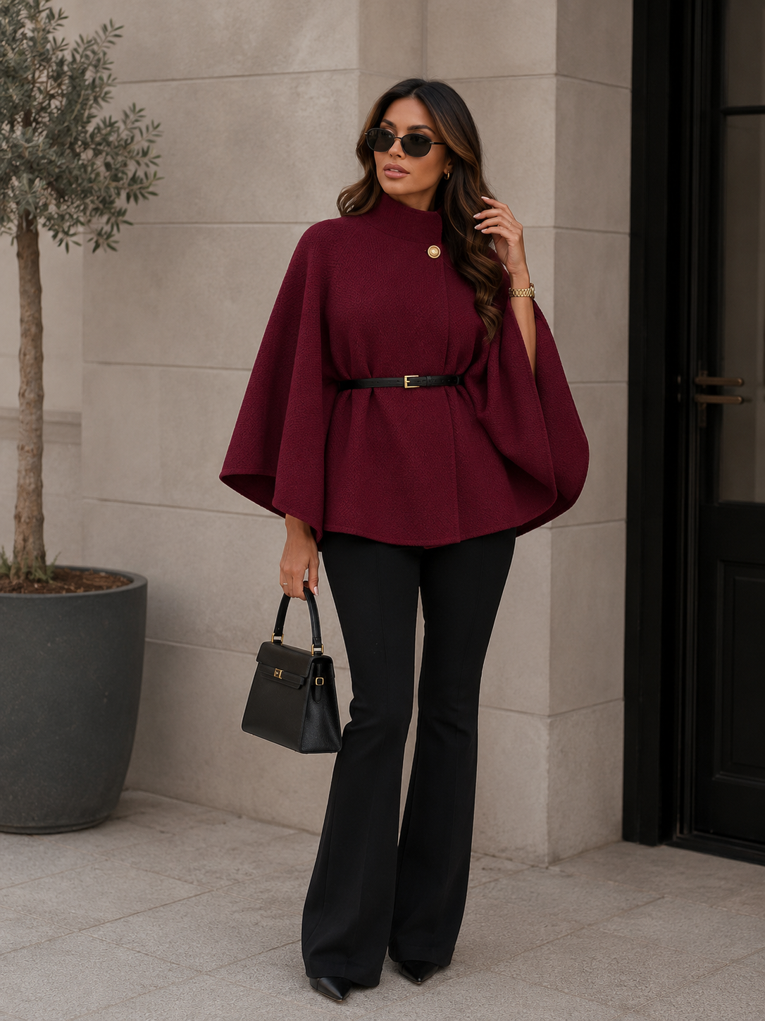Structured knit women's top with flared hem, high collar, and waist-defining belt