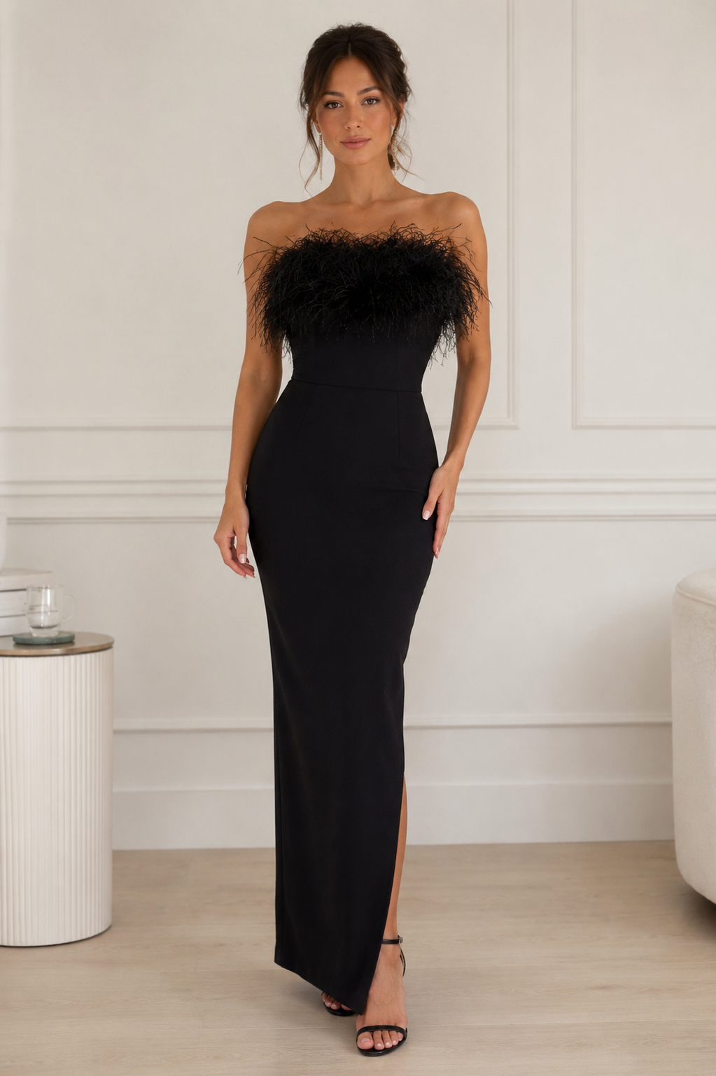 Women's strapless feather-trim maxi dress in a form-fitting silhouette