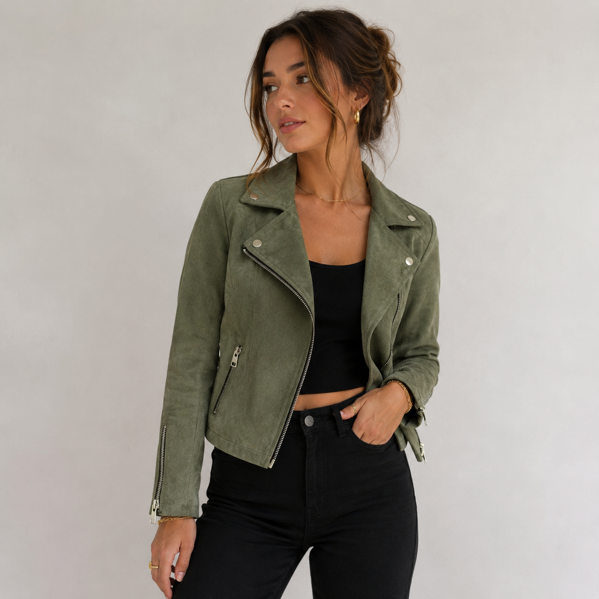 Women's faux suede biker jacket with asymmetrical zipper, lapel collar, and zipper cuffs
