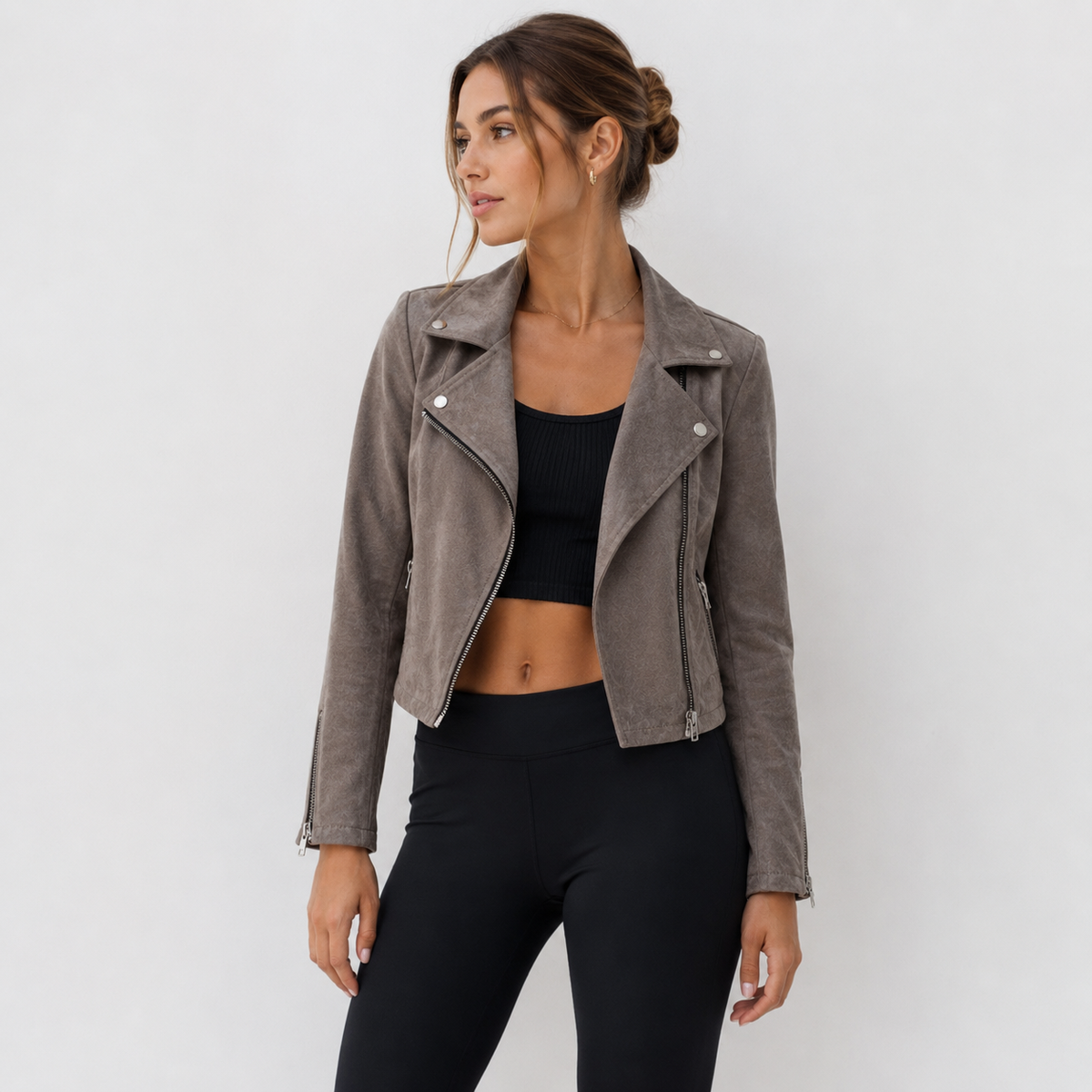 Women's short biker jacket in faux suede with structured seams and metal zipper details