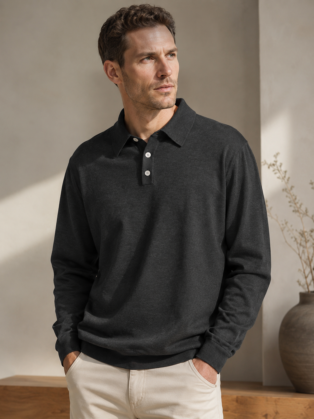 Men's knitted long-sleeve polo shirt with three-button collar and ribbed cuffs