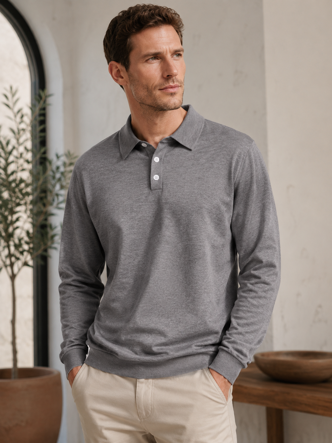 Knitted long-sleeve polo shirt for men with ribbed hem and relaxed regular fit