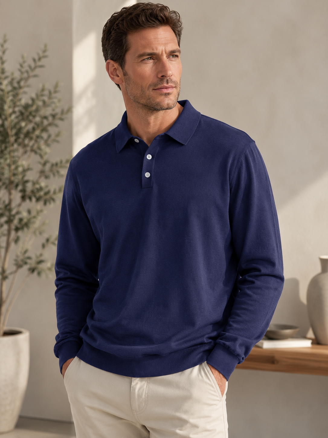 Men's casual knit polo with three-button placket and clean seam construction
