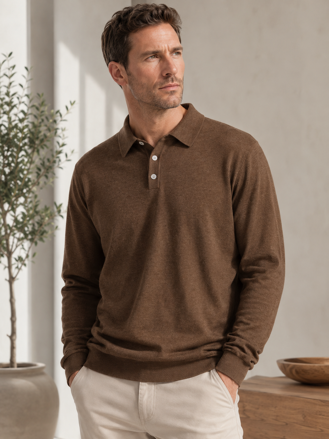 Men's long-sleeve knit polo with three-button collar and ribbed cuffs and hem