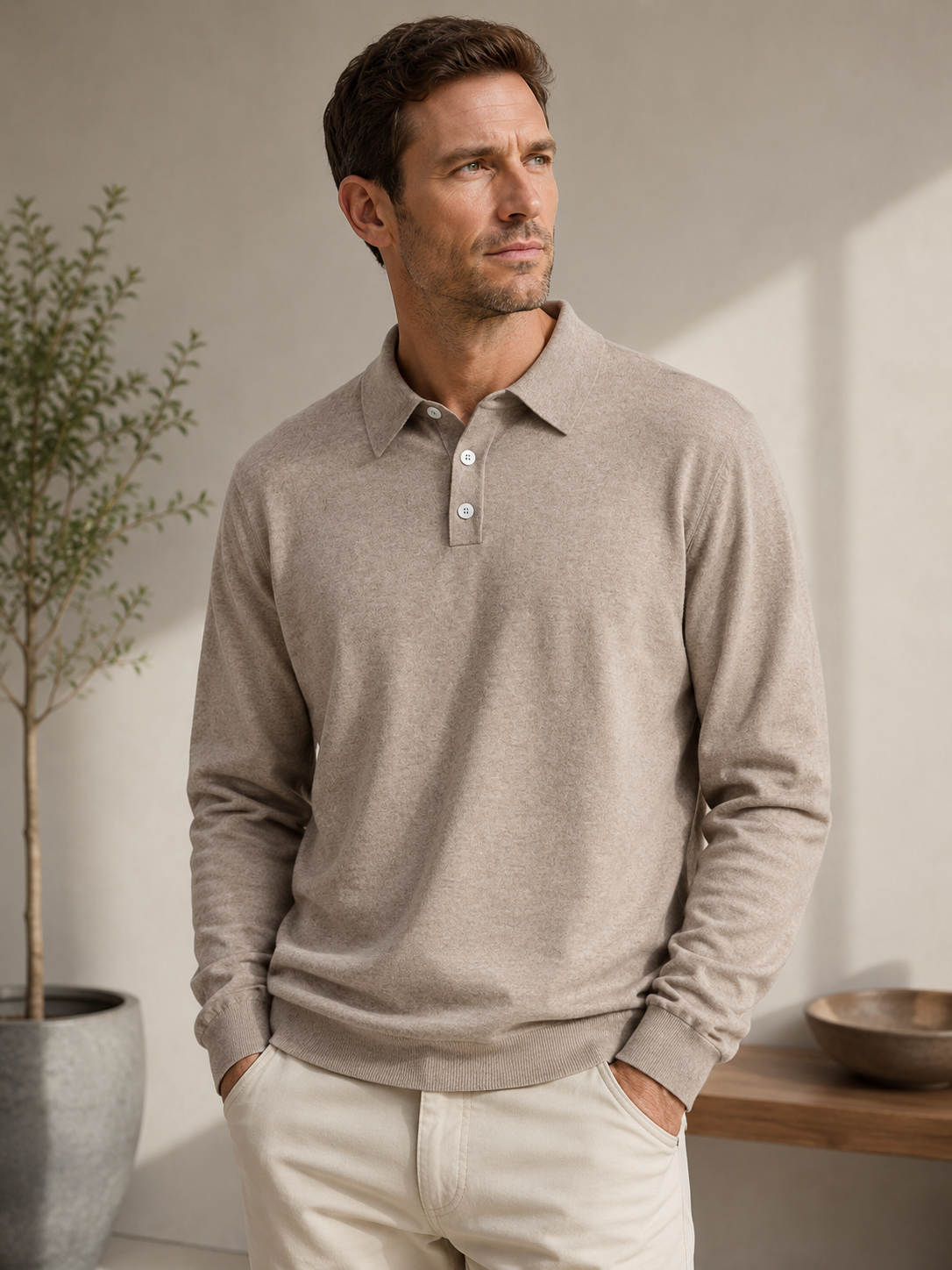 Men's casual knitted polo shirt with polo collar, long sleeves, and standard fit