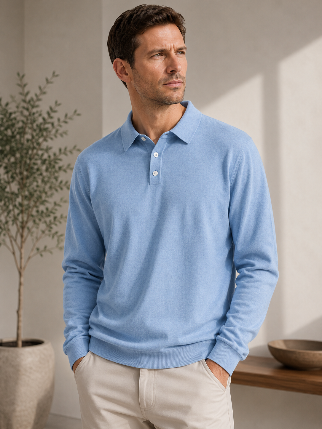 Men's fine-knit polo sweater with polo collar and long sleeves, worn casually