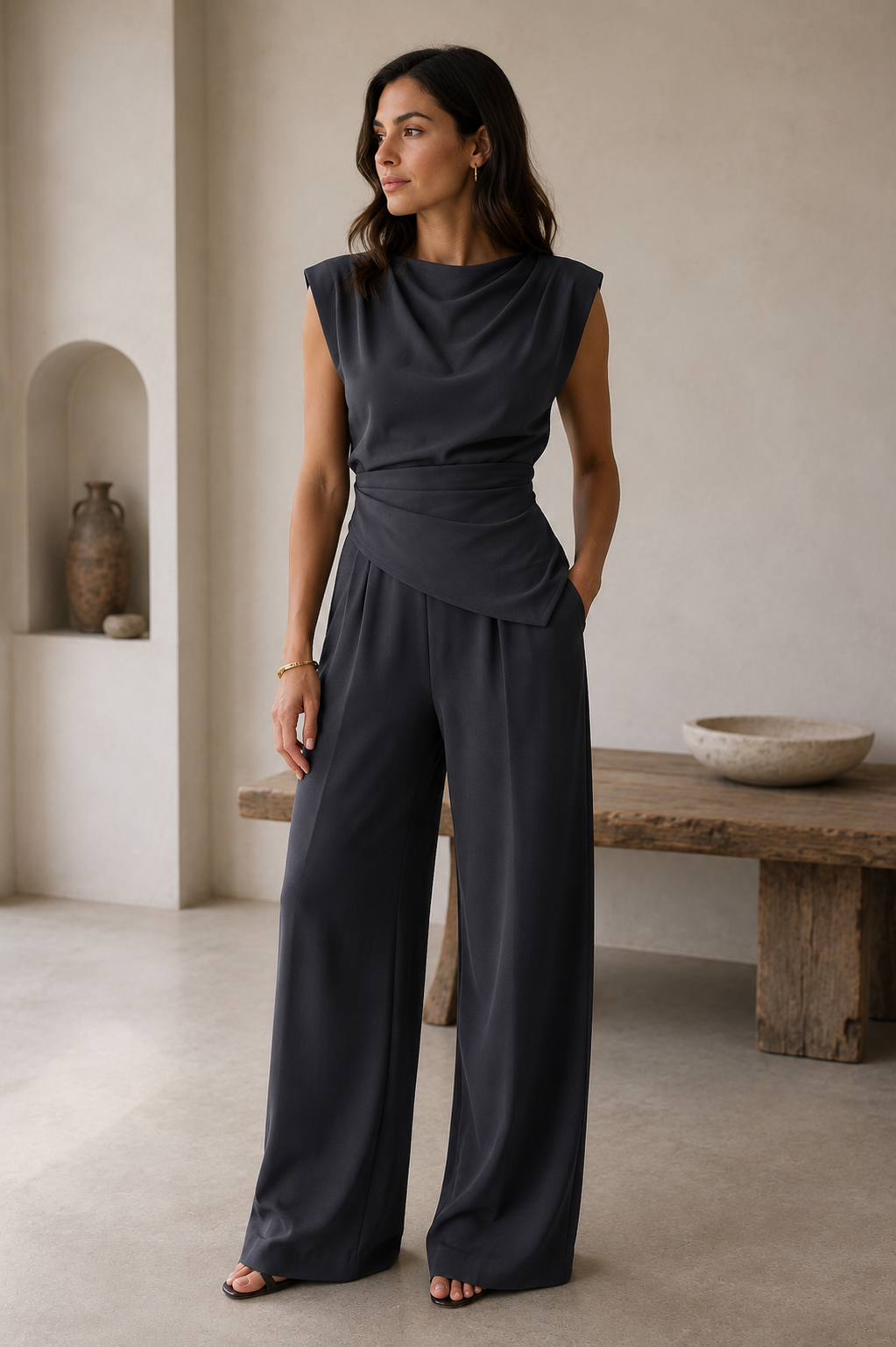 Women's sleeveless two-piece set featuring a draped top and high-waist wide-leg pants