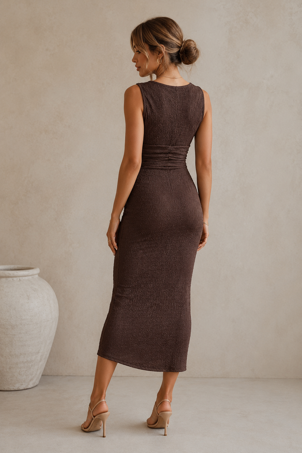 Women's form-fitting midi dress with draped front and straight hem