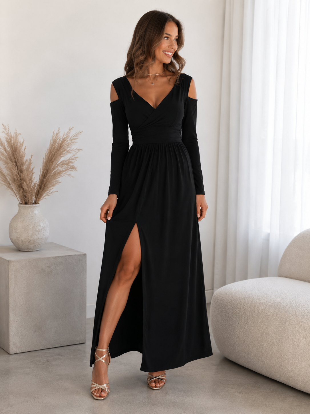Long-sleeved wrap maxi dress for women with draped V-neckline, defined waist, and floor-length front slit