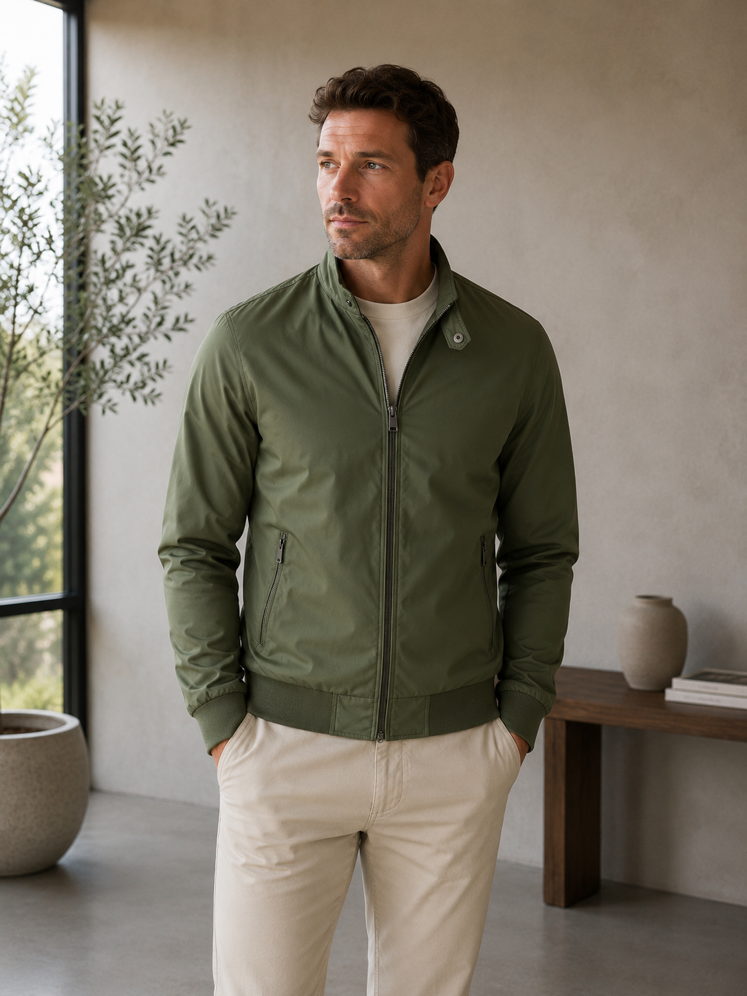 Men's layering overshirt jacket featuring a snap-button collar, long sleeves, and straight waist-length hem