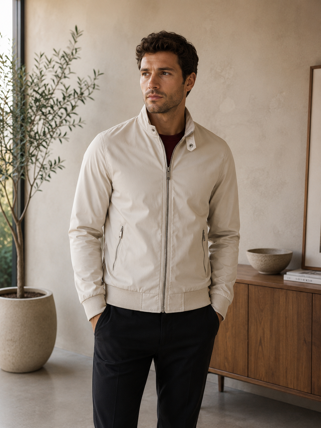 Men's casual overshirt jacket with zip closure, snap-button stand collar, and adjustable button cuffs