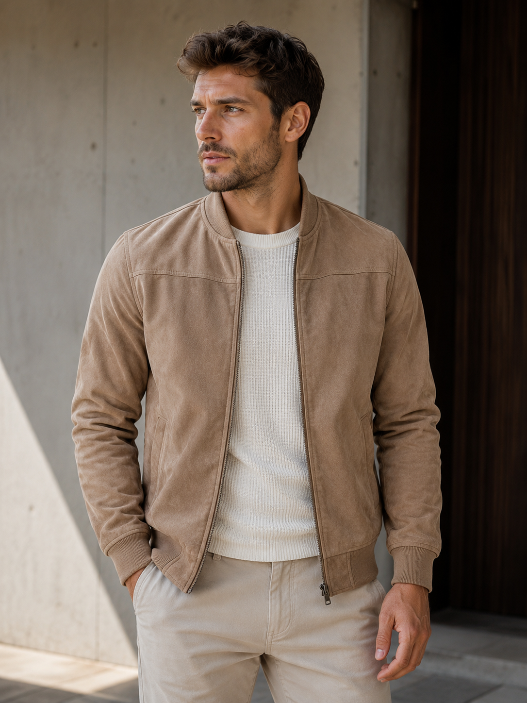 Men's suede bomber jacket with stand-up collar, front zipper, and ribbed cuffs