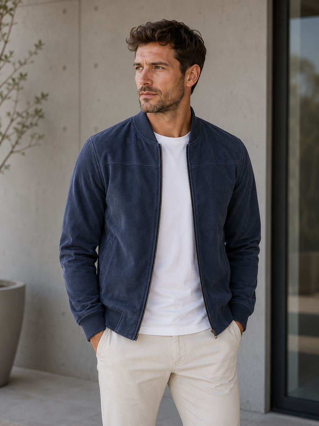 Men's suede bomber jacket with structured silhouette, ribbed hem, and side pockets