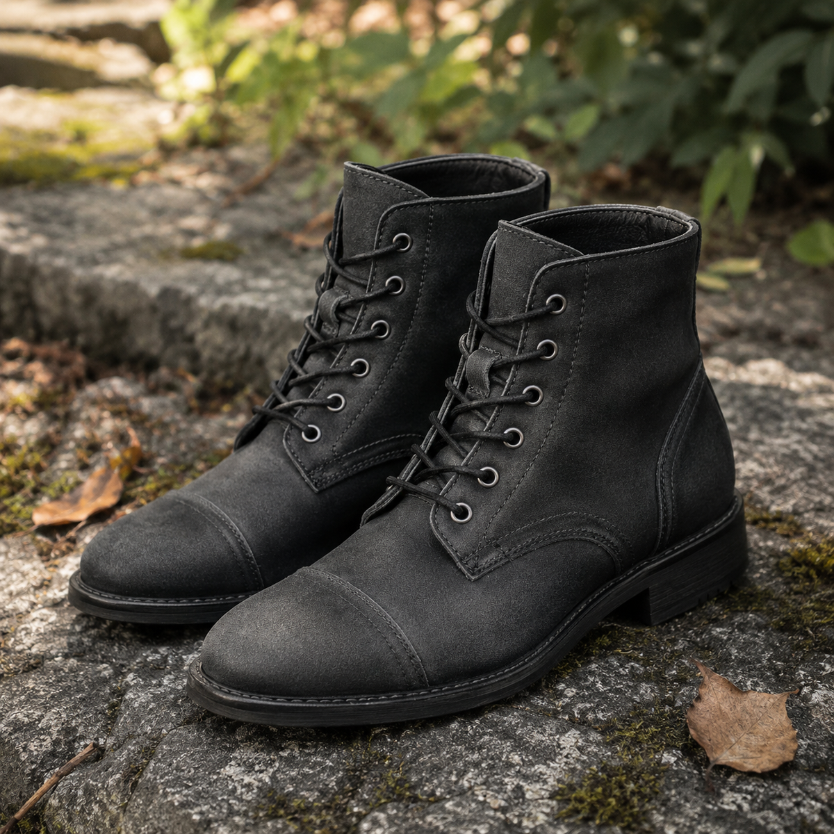Men's leather lace-up boots with ankle-height shaft and smooth upper surface