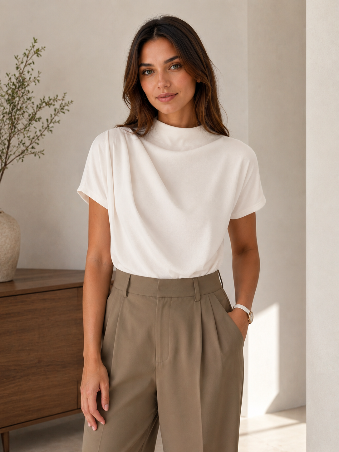 Short sleeve draped top with relaxed silhouette and smooth fabric surface