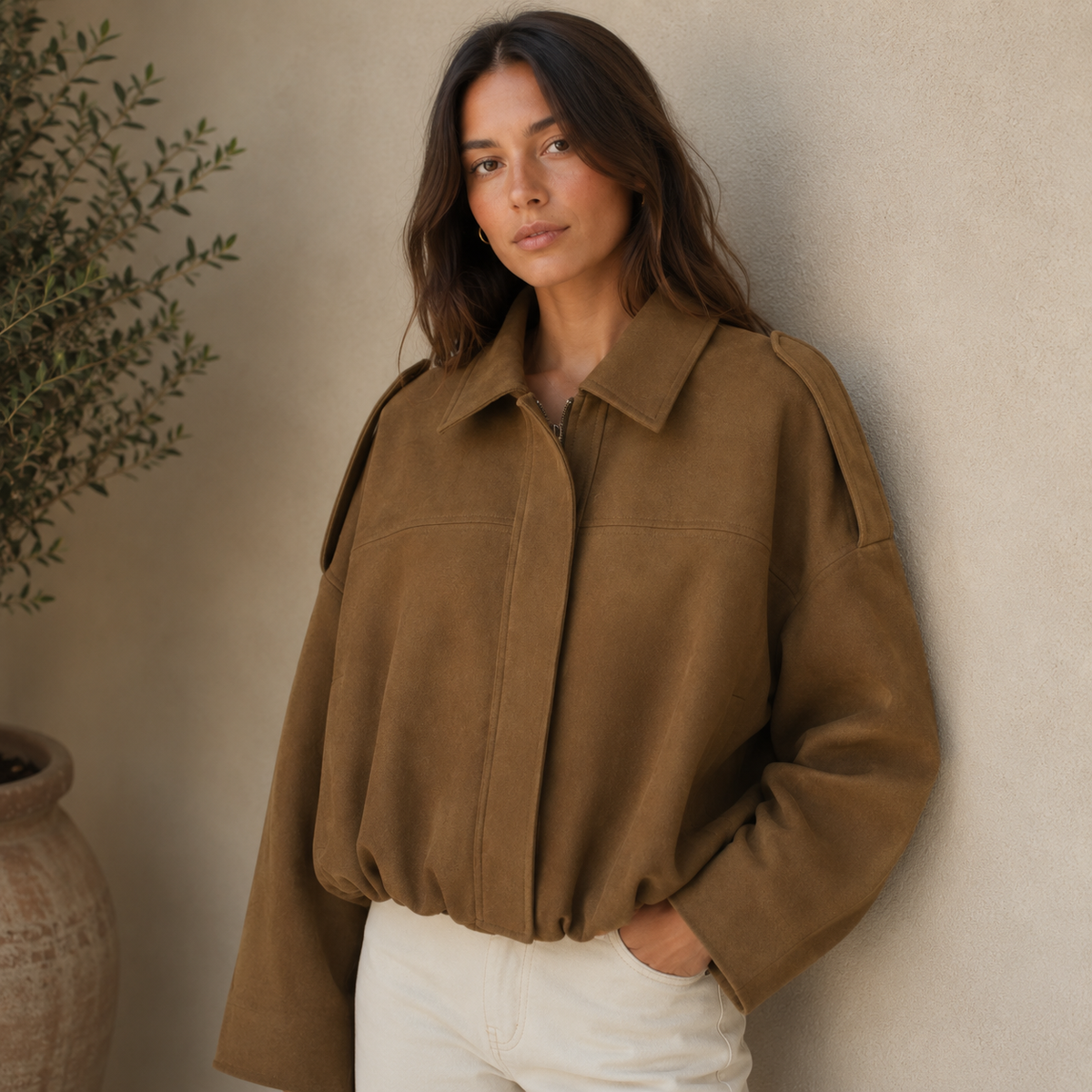 Relaxed-fit cropped jacket for women with a smooth structured surface