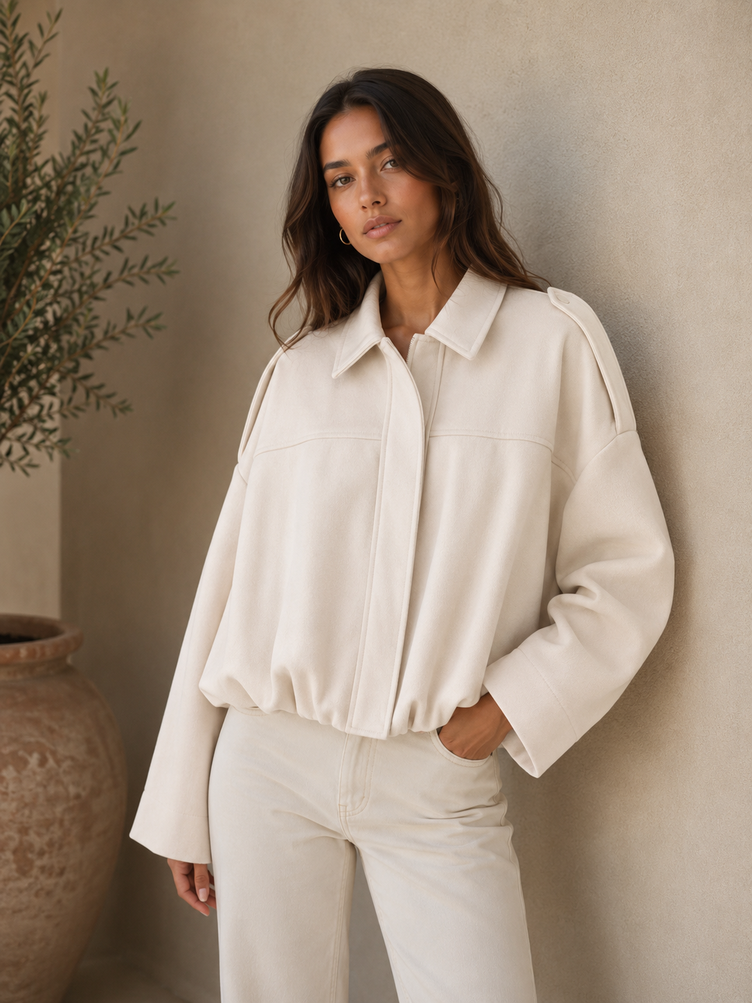 Women's cropped jacket with voluminous sleeves and a minimalist silhouette