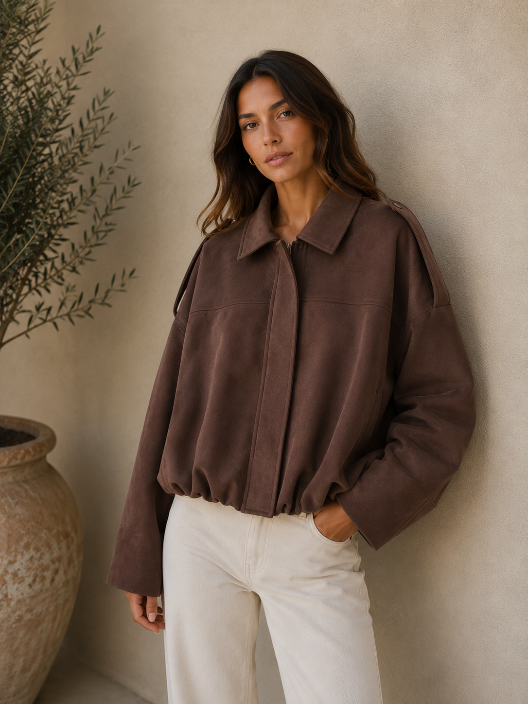 Women's loose-fit cropped jacket with a structured fabric and shirt collar