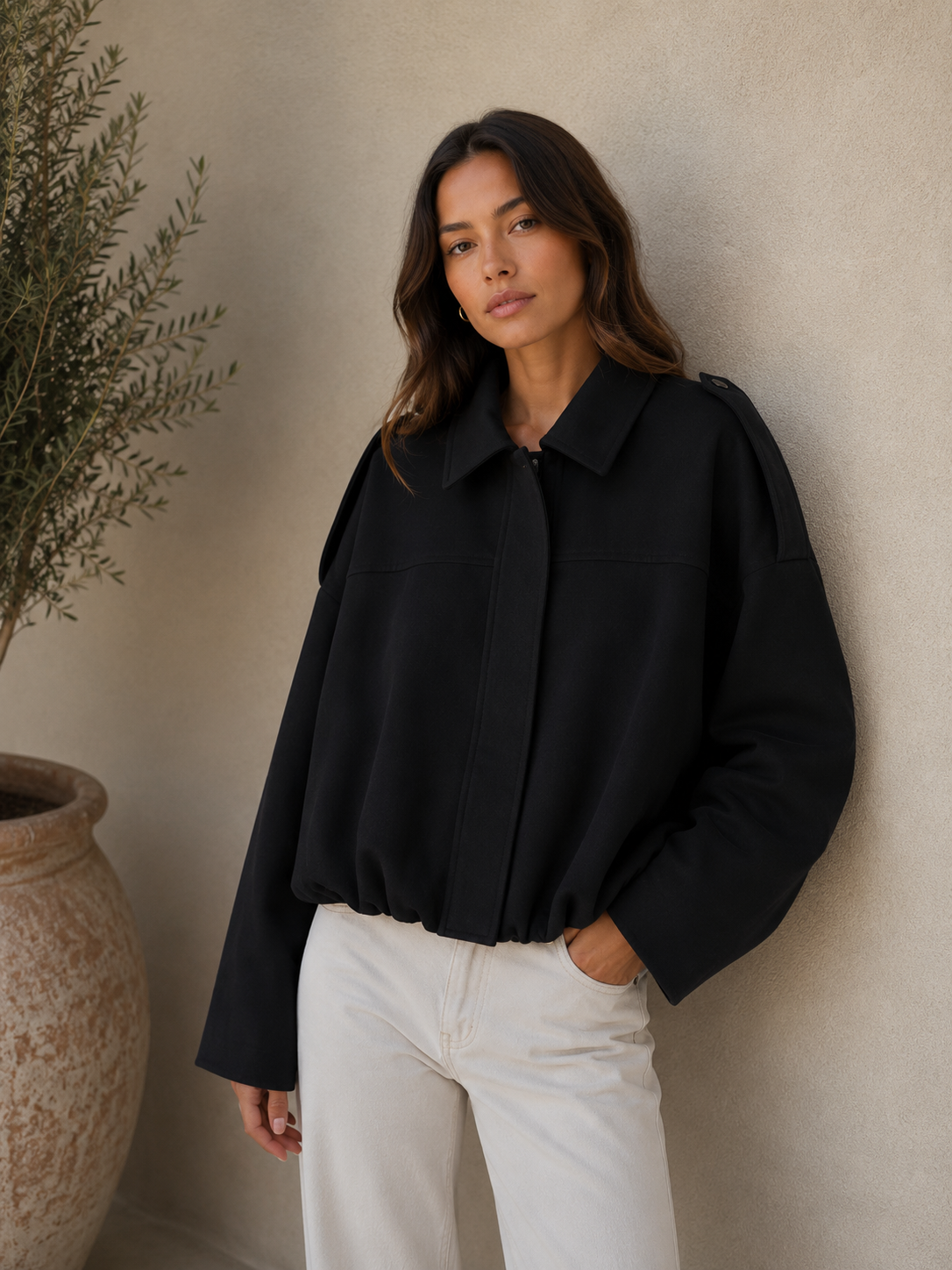 Women's oversized cropped jacket with wide sleeves and a relaxed modern fit